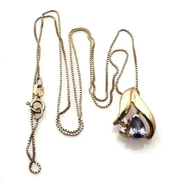 10K Yellow Gold Purple Tanzanite Diamond Pendant 18 Inch Necklace 2.6 Grams